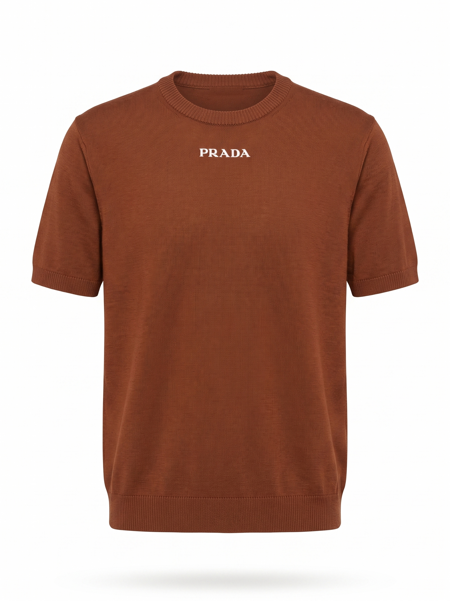 Prada Rust Brown Logo Knit Crewneck T-Shirt