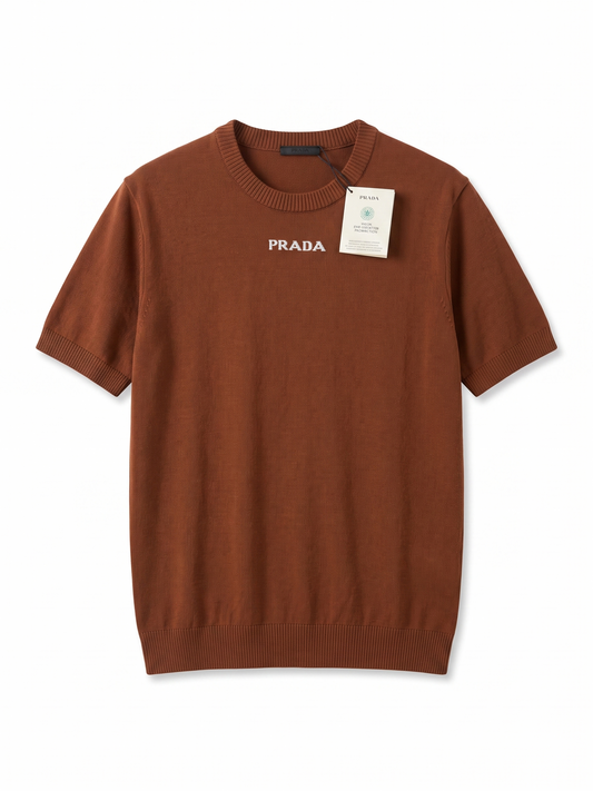 Prada Rust Brown Logo Knit Crewneck T-Shirt